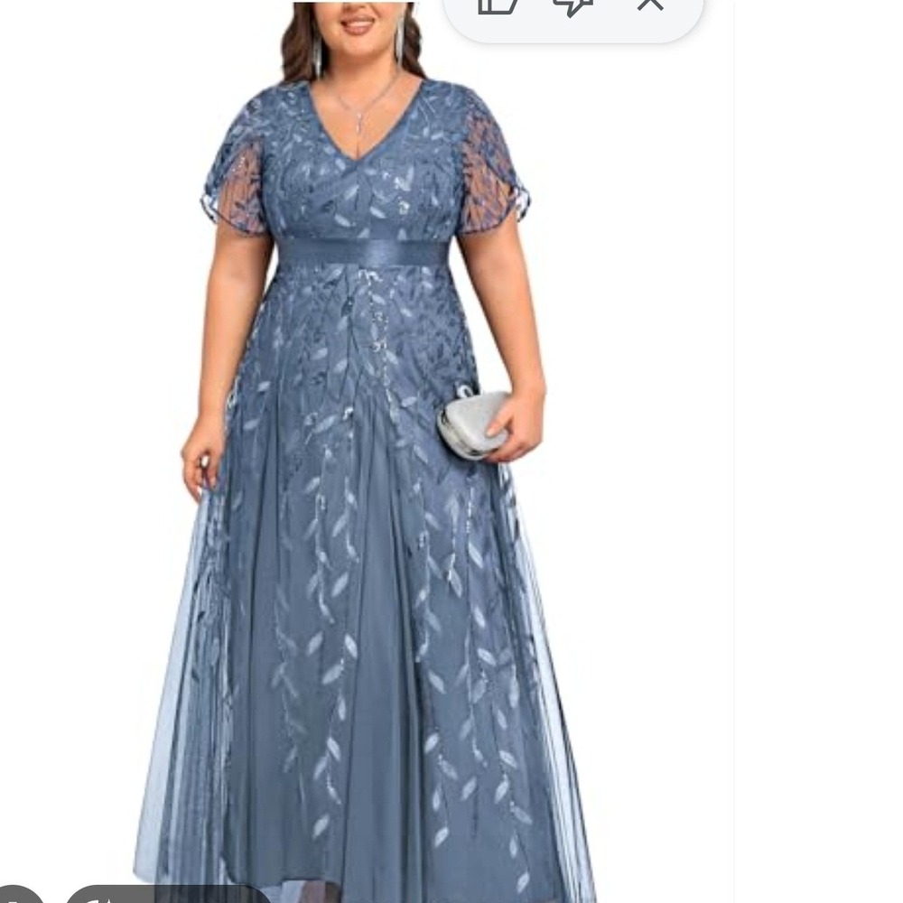 Pinup Fashion Womens 26 Blue Sequin Leaf Embroidered Mesh Maxi Formal Gown Dress